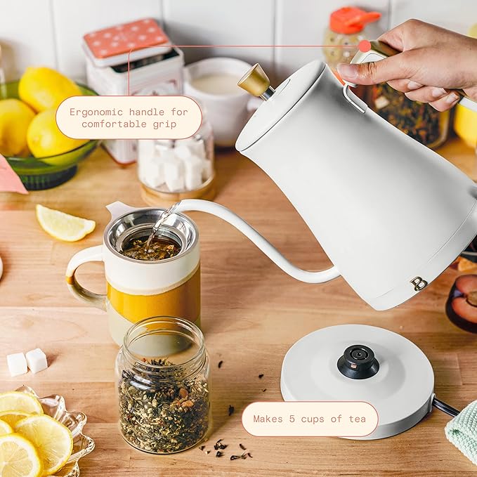 1-Liter Electric Gooseneck Kettle, 1200W Fast Heating Pour Over Coffee and Tea Kettle with Precise Spout (White Icing)