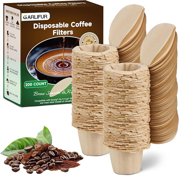 Disposable K Cup Filters with Lid, Coffee Filter Paper for Brewers Single Serve 1.0 and 2.0, Use with Reusable K Cup Pods (Natural, 200 Count)