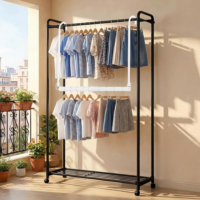2 Pack Stepless Extender Closet Hanging Rod - Heavy Duty Closet Rods for Hanging Clothes, Adjustable Width & Height, Space-Saving White Closet Organizer for Hanging & Drying, Easy to Install