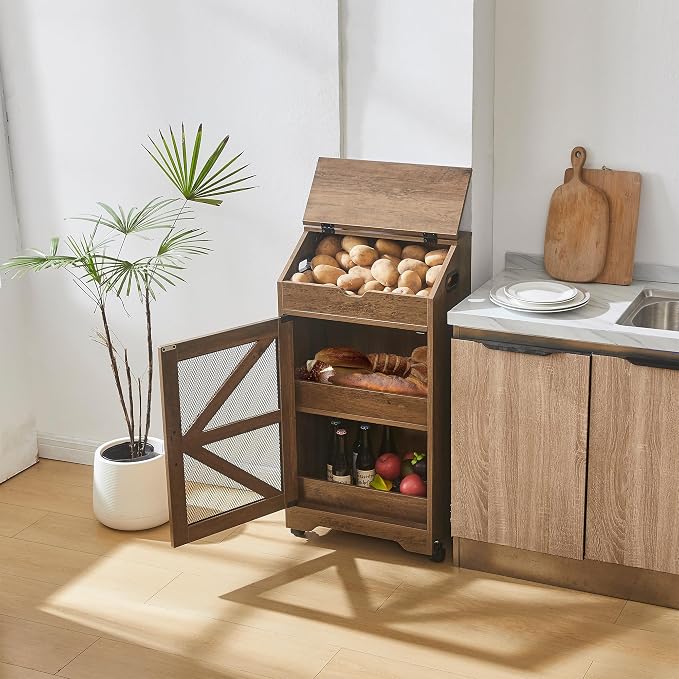 Potato Storage Bin with Wheels, Wood Potato and Onion Storage Cabinet with Lid, Movable Fruit and Vegetable Organizer Box, Large Bread Box for Kitchen