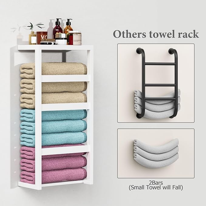 Bamboo Wall Blanket Ladder, 4-Tier Towel Racks, Bamboo Bath Towel Racks for Bathroom Wall Mounted, Decorative Blanket, Quilt, Towel, Scarf Ladder Shelves for Bathroom, Living Room, Bedroom，White