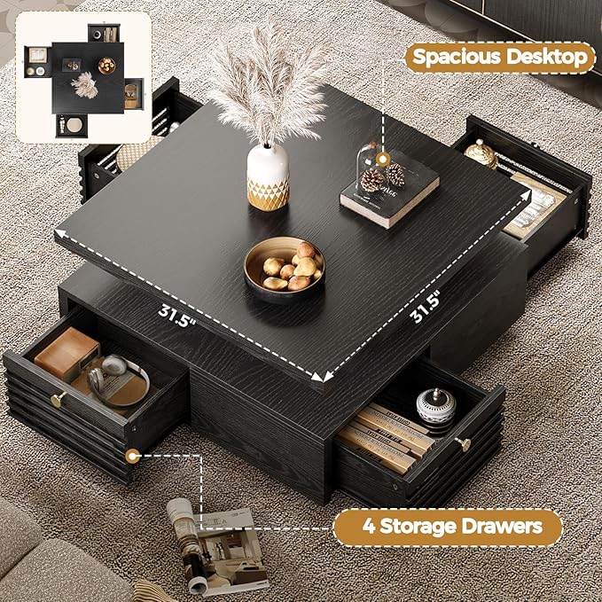 IRONCK Coffee Table with LED Light and Charging Station, 4 Storage Drawers with Grille Design, Square Coffee Table for Living Room Office Reception Room (Black)
