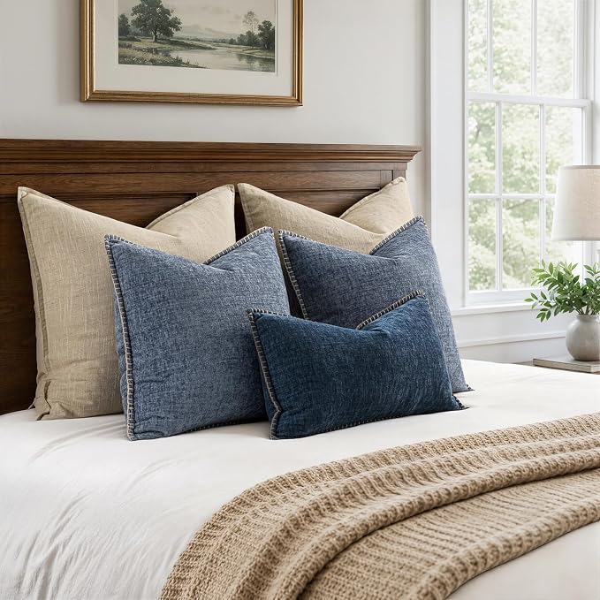 MIULEE Pack of 2 Couch Throw Pillow Covers 18x18 Inch Dark Grey Blue Farmhouse Decorative Pillow Covers with Stitched Edge Soft Chenille Solid Dyed Pillow Covers for Sofa Bed Living Room