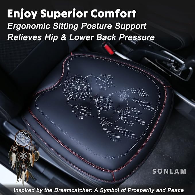 Car Seat Cushion – Dreamcatcher Inspired Design, Symbol of Prosperity & Luck – Premium Ergonomic Support for Hip & Lower Back Pain Relief (Full Set (Black with Red)