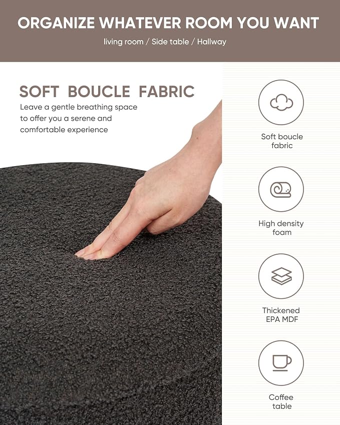 B FSOBEIIALEO Ottoman with Stroage, Round Boucle Storage Ottoman with Gold Plating Base,Foot Rest Stool for Dorm Room, Living Room Dark Grey, 14.76"x14.76"x16.34"