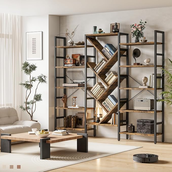 INNOD 70x70 Triple 5 Tier Book Shelf, Large Wooden Bookcase with 17 Open Display Shelf, Modern Tree Bookshelf Metal Frame Tall Book Case Furniture for Living Room Bedroom Home Office Rustic Brown