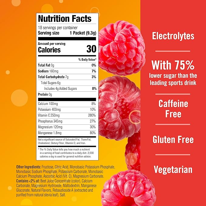 Emergen-C Hydration+ Sports Drink Mix With Vitamin C (18 Count, Raspberry Flavor), Electrolyte Replenishment, 0.33 Ounce Powder Packets