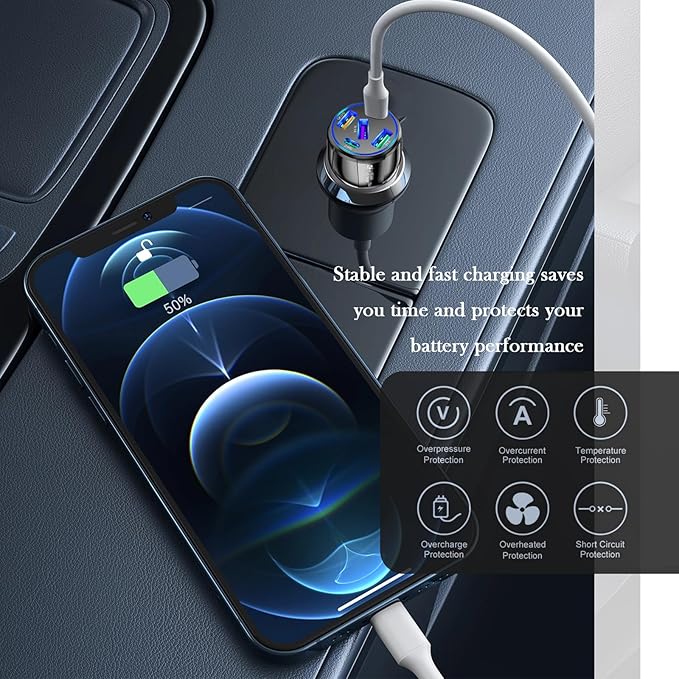 5 Port Fast Car Charger Adapter,12-24V Car Charger USB C & 30W QC3.0/3.1A Port with Reinforced Contacts & Lighting,75W Vehicle Accessories Cigarette Lighter USB Chargers (Black)