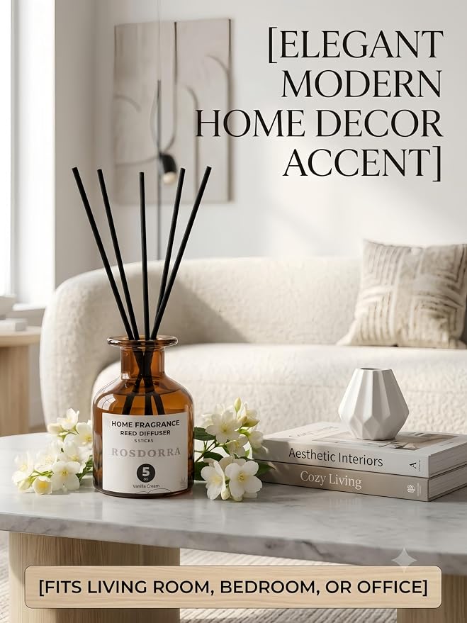 Reed Diffuser Set, Vanilla Cream Scent, 5 oz | Home Fragrance, 5 Sticks Included, Cozy sweet bean scent, 90 days fiber diffusion