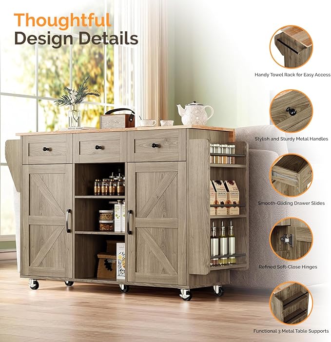 VINGLI Kitchen Island with Storage, 52" Rolling Kitchen Cart with 3 Drawers & Shelves, Drop Leaf Design, Mobile Island with Barn Doors, Towel & Spice Rack for Kitchen & Dining, Grey Brown Oak