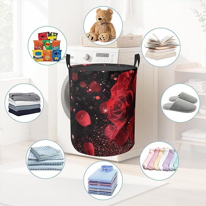 Rose Flower Love Round Laundry Hamper Storage Basket Toys Clothes Organizer Bin For Home Bathroom Bedroom Dorm Nursery