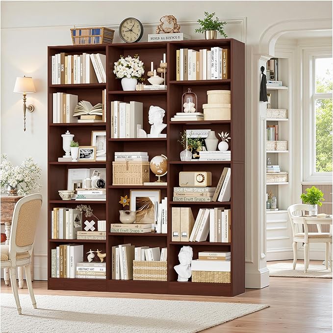 FACBOTALL Triple Wide Bookshelf, 6 Tier Large Bookshelf, Bookcase with 17 Open Display Shelves, 74'' Tall Bookcases and Bookshelves for Living Room, Home Office, Library, Cherry
