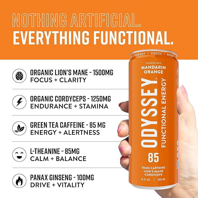 Odyssey Functional Energy Drink for Focus, Cognition & Mood Support 12 Pack - Adaptogenic Drink with 85mg Green Tea Caffeine, Lion’s Mane, Cordyceps, L-Theanine & Ginseng, Sparkling Orange