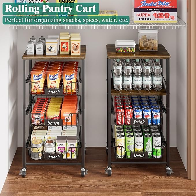 Giwil Vegetable Fruit Basket for Kitchen Pantry Organizers Storage, 4-Tier Utility Rolling Cart on Wheels with Wood Rack and Drawer Wire Baskets for Onions Potatoes Snacks, Black