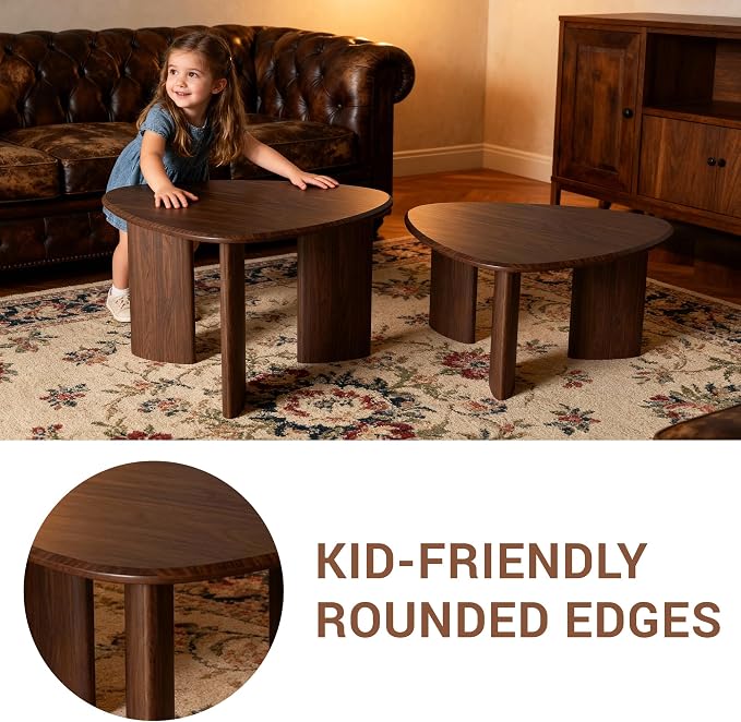 Honyee Nesting Coffee Table Set of 2, Modern Walnut Wood Veneer Coffee Table and Side Table Set for Living Room, Small End Table Set with Flexible Use and Space-Saving Design