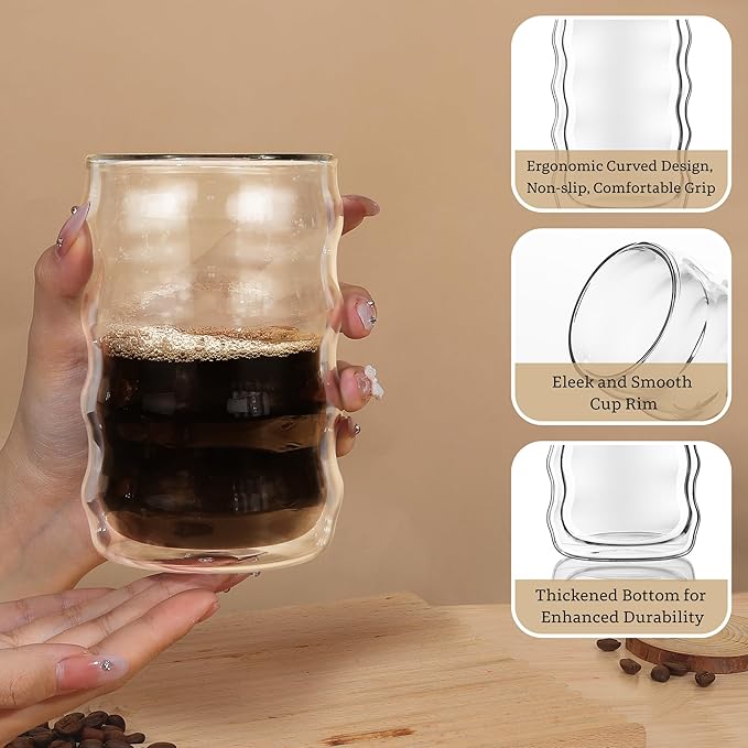 Joeyan 14.5oz Double Wall Glass Tumbler, Clear Insulated Thermal Glass Cups for Hot Cold Drinks, Tall Highball Drinking Glasses for Beer, Lemonade, Iced Coffee, Cocktail, Tea, Smoothie, Set of 2