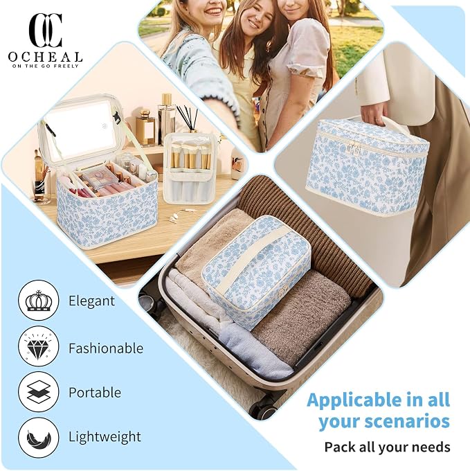 OCHEAL Large Makeup Bag With LED Mirror, Lightweight Travel Makeup Bag With 3 Color Setting Light Up Mirror Cosmetic Makeup Organizer Vanity Case for Women Beauty Tools Accessories Train Case-Floral