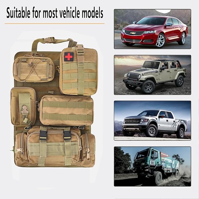 truck seat organizer and storage tactical car back seat back organizer with a Molle Vehicle Panel and 5 Different Size Molle Pouches for most models such as Jeep,SUV,Pickup (Khaki)