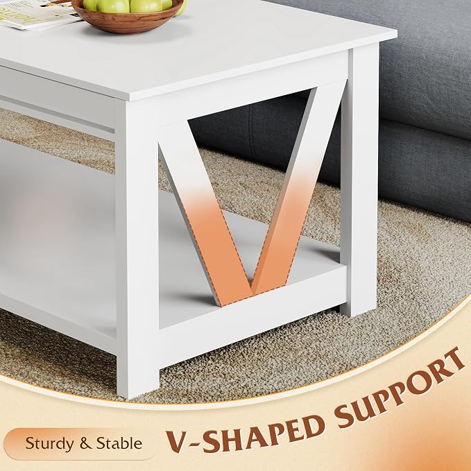 WLIVE Coffee Table with Storage Shelf, 39.4" Farmhouse Coffee Table with V-Frame Support, 2-Tier Wood Rustic Center Table for Living Room, Bedroom & Balcony, All White