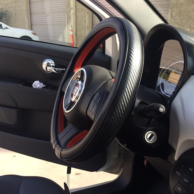 Jdragon Black & Carbon Fiber Style PVC Leather Slip-On Steering Wheel Cover 14.25-15" Diameter
