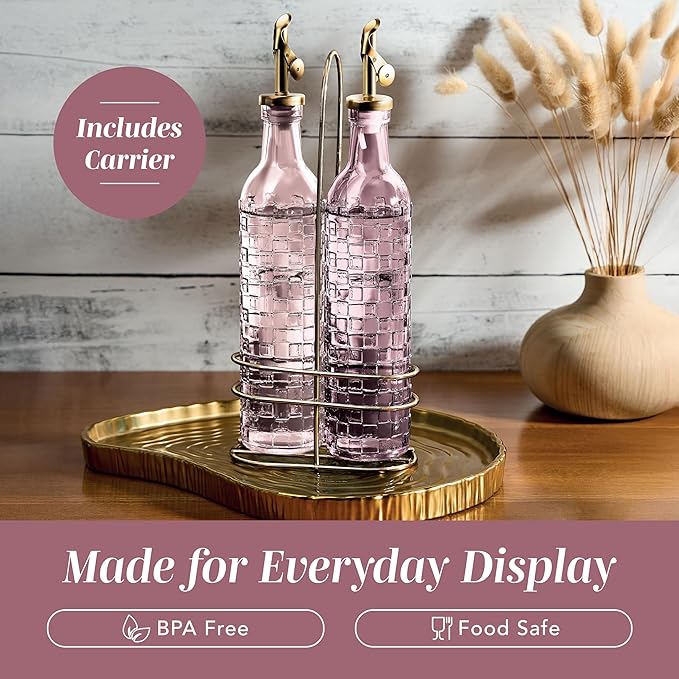 COOK WITH COLOR Glass Olive Oil Bottle Dispenser - 2 Pack- 17oz Oil and Vinegar Cruet - Olive Oil Carafe Decanter for Kitchen, Checkered, Pink