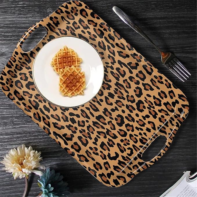 Serving Tray Decorative Tray with Handles Multi-Purpose Rectangular Serving Trays for Restaurant, Parties, Coffee Table, Kitchen - Leopard Print