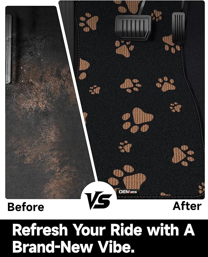Cute Embroidered Dog Paw Car Floor Mats for Pet Lovers, Universal Fit All Weather Car Mats with Anti-Slip Nibbs Backing, Carpet Floor Mats for Cars, Trucks & Sedans, Full Set of 4 (Brown Paw)