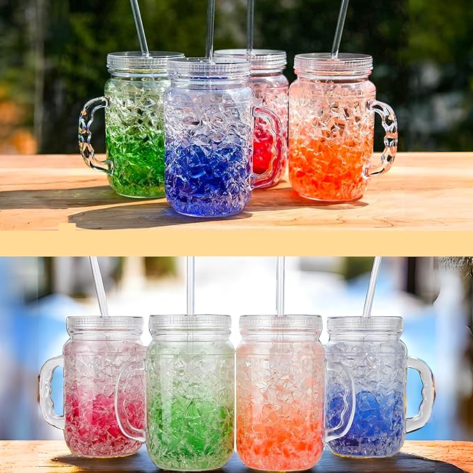 Lily's Home Old Fashioned Glasses with Lids Straws and Handles, 16 oz Set of 4 – Clear Acrylic Tumbler Cups with Color Accents, Reusable Party Drinkware for BBQ, Poolside, Outdoor Events & Home Bar