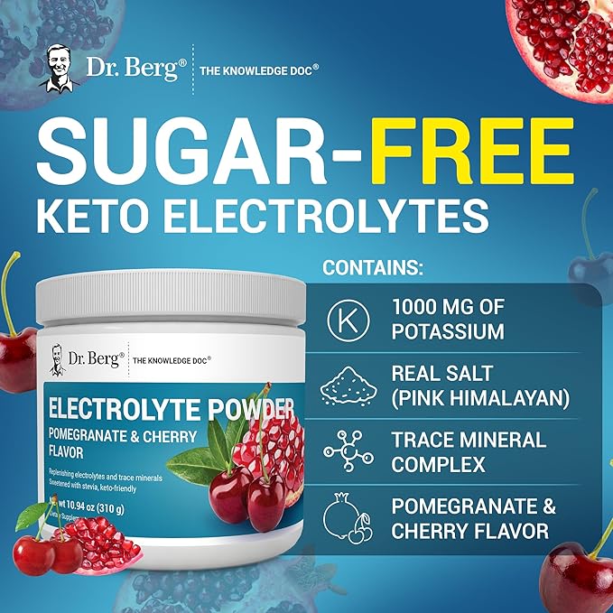 Dr. Berg Zero Sugar Hydration Keto Electrolyte Powder - Enhanced w/ 1000 mg of Potassium & Real Pink Himalayan Salt (NOT Table Salt) - Pomegranate and Cherry Hydration Drink Supplement - 50 Servings