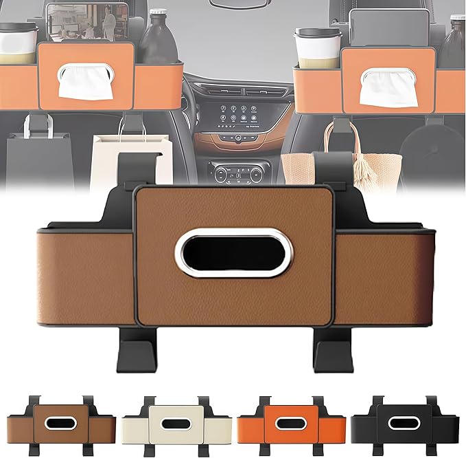 2026 Multifunctional Car Organizers and Storage Box with Drink Cup Holder Tissue Box, Backseat Organizers Hanging Storage for Hold Phone,Snacks, Drinks, Handbag, Most Vehicles (Brown-1)