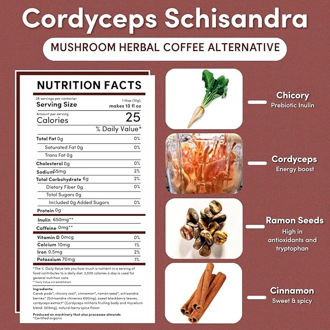 Teeccino Cordyceps Schisandra Coffee Alternative - Cinnamon Berry - Adaptogenic Herbal Mushroom Coffee, Caffeine-Free, Prebiotic, Acid-Free, Gluten-Free, All-Purpose Grind - 10 Oz