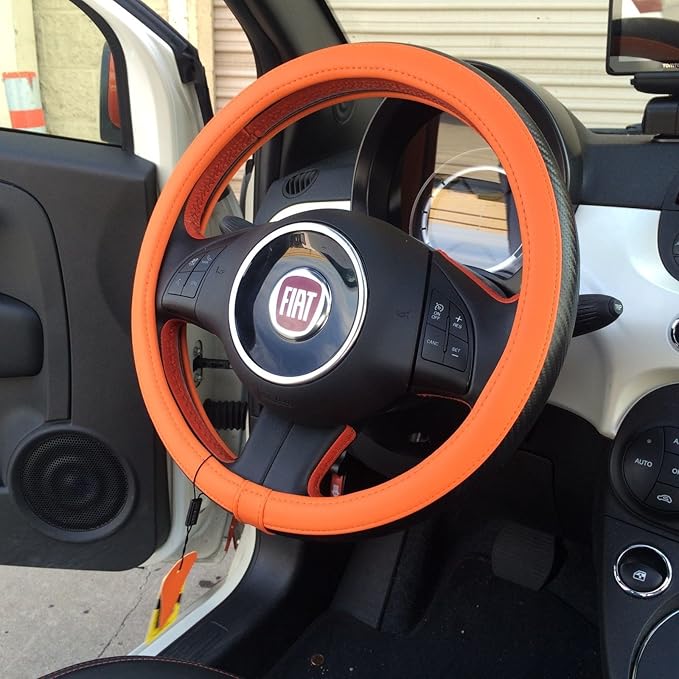 Jdragon Orange & Carbon Fiber Style PVC Leather Slip-On Steering Wheel Cover 14.25-15" Diameter