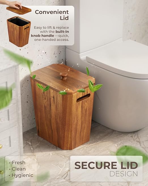 BLUEWEST 2.6 Gallons Acacia Wooden Bathroom Trash Can with Lid & PP Liner – Small Wastebasket with Handle, Decorative Wood Bin for Bedroom, Office or Under Counter Use