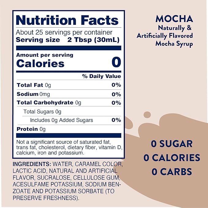 Jordan's Skinny Mixes Sugar Free Coffee Syrup, Mocha Coffee Flavoring Syrup, Zero Calorie Drink Mix, Lattes, Baking, Protein Shake or Cocktail, Dairy & Gluten Free, Kosher, 25.4 Fl Oz