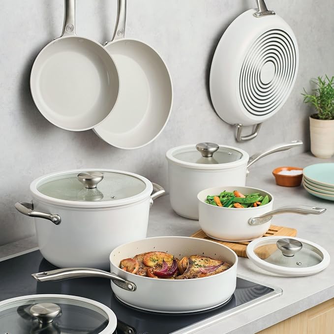 Circulon Halo with LaserDefense Ceramic Nonstick Cookware Set, 11-Piece Pots and Pans Set, Pearl White