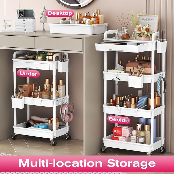 Goovilla Rolling Makeup Organizer Cart with Removable Drawer, 3 Tier Stable White Floor Skincare Storage Cart for Vanity, Cosmetic Display, Nail Polish, Perfume, Hair Stuff, Beauty, Bathroom(Plastic)