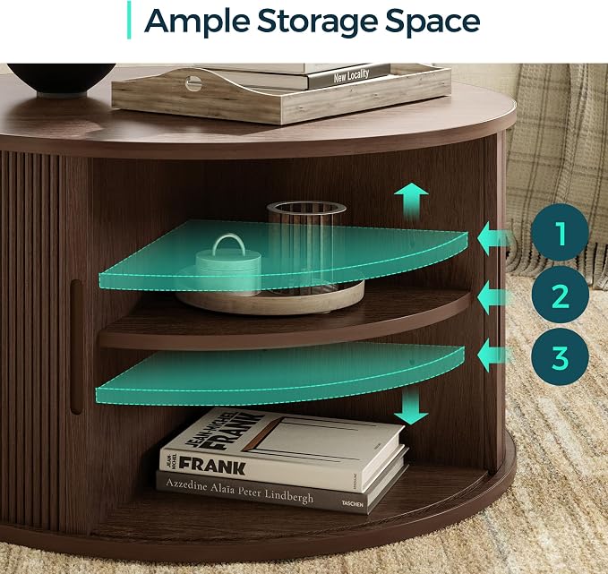 LINSY HOME Round Coffee Table, 31.5" Drum Coffee Table with Sliding Tambour Door, Fluted Accent Center Table with Storage, Mid Century Modern Coffee Table for Living Room, Walnut
