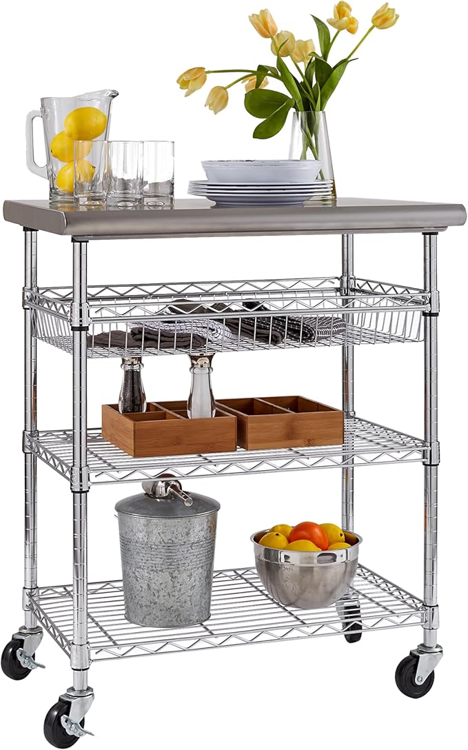 Seville Classics Commercial Work Table Island Utility Cart Prep Station, for Restaurant, Kitchen, Warehouse, Garage, Hotel, Home, Stainless-Steel Top NSF , 30" W x 20" D