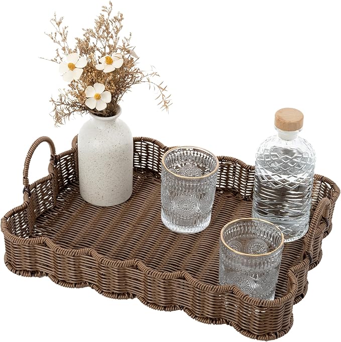 GRANNY SAYS Wicker Decorative Scalloped Trays for Home Decor, Coffee Table Trays with Handles, Woven Rattan Tray for Kitchen Counter, Rectangle Serving Tray Decor for Living Room, Ottoman, Brown