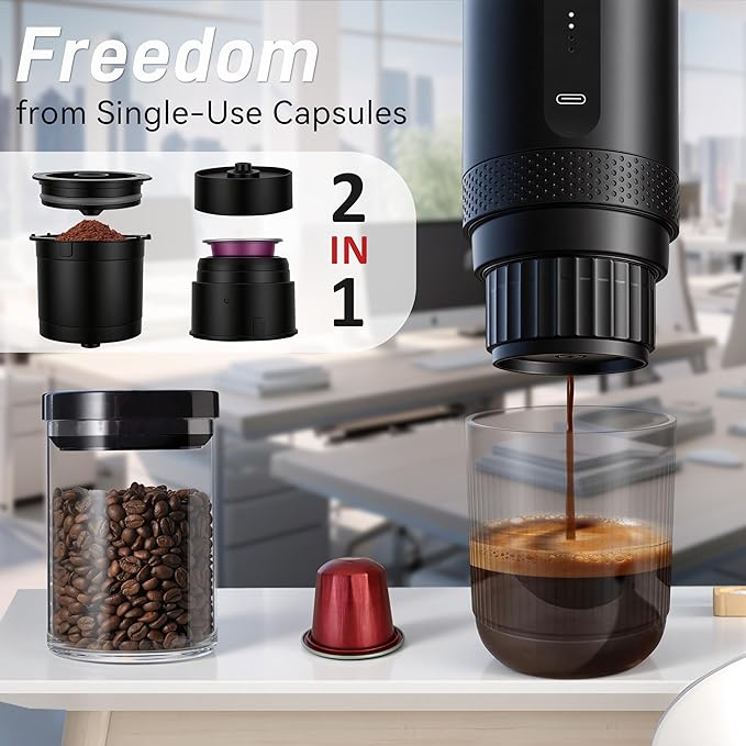 Portable Electric Coffee Maker Espresso Machine, Car Coffee Maker for Travel Self-Heating with USB-C, Battery Powered with 7800mAh, for Ground Coffee & NS Capsule, for RV, Hiking, Office,Gifts for Men