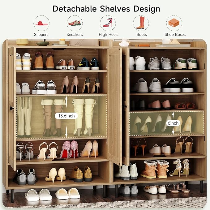 ONBRILL Shoe Cabinet with Cross Molding Doors, 6-Tier Shoe Storage Cabinet with 3 Adjustable Shelves and Metal Legs, 45'' Tall Shoes Rack Organizer Cabinet for Entryway, Front Door, Natural Oak