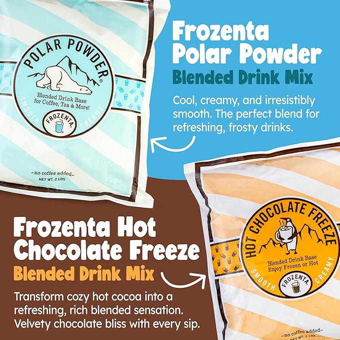 Frozenta At Home Frozen Beverage Drink Base used with Cold Brew, Espresso, Milk to create frozen Frappes, Mochas, Lattes, and Smoothies (20 Servings, Polar Powder)
