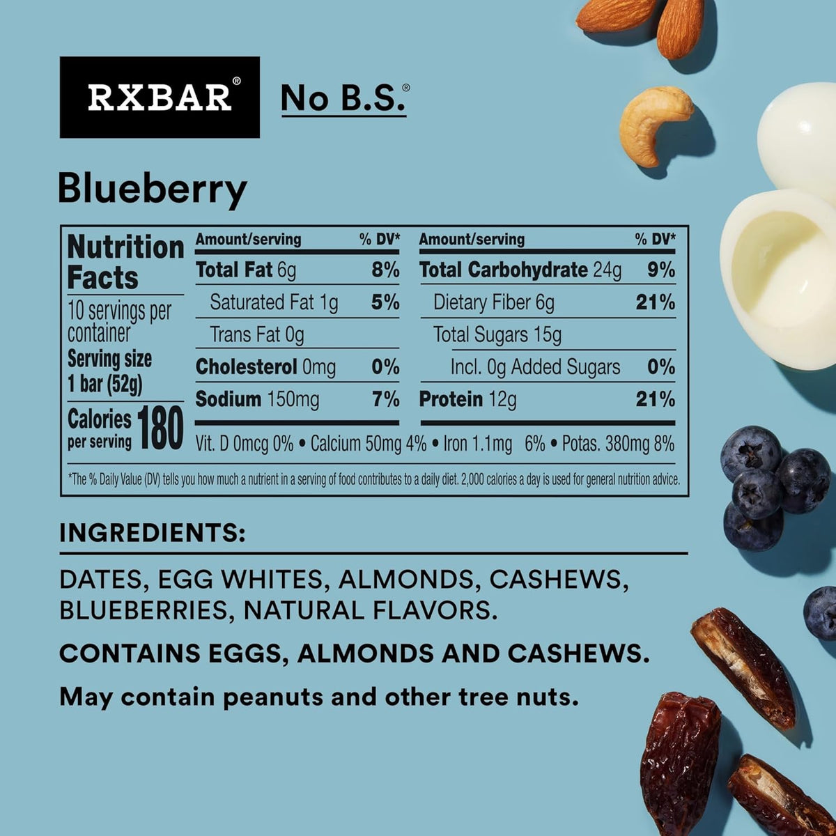 RXBAR Protein Bars, Protein Snack, Snack Bars, Blueberry, 18.3oz Box (10 Count)