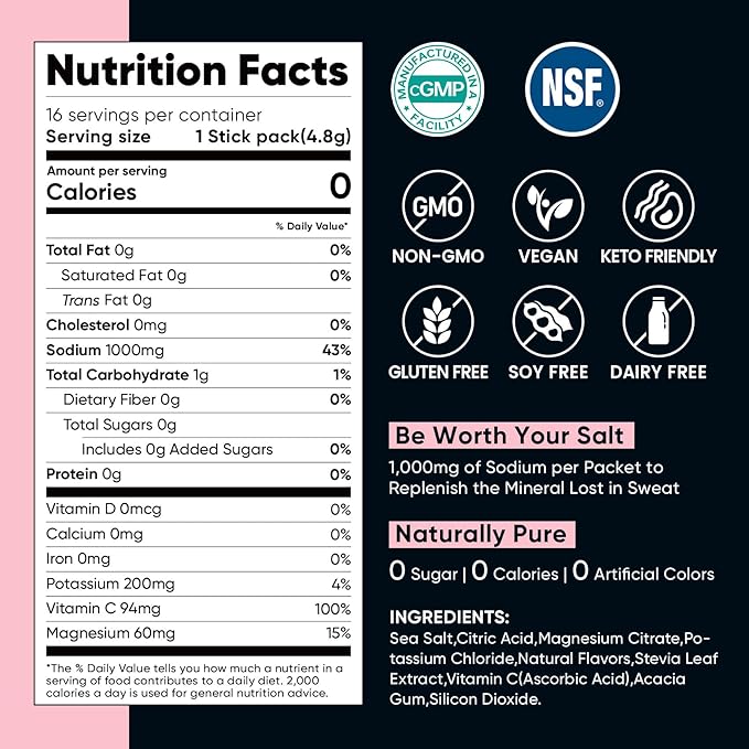 Venture Pal High Sodium Sugar Free Electrolytes Powder Packet, Zero Calories Hydration Packets with Vitamin, Sodium, Potassium & Magnesium, Electrolyte Drink Mix, Vegan, Keto Friendly, 30 Count