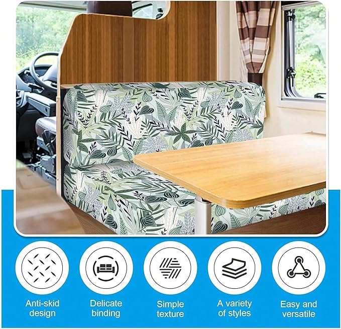 RV Dinette Cushion Covers, Stretch Table Seat Slipcovers, Replacement Washable Camper Couch Cushion Slipcovers for Bench Seats, RV Camper Car 1 Backrest Cover & 1 Bench Cover,Plant 2