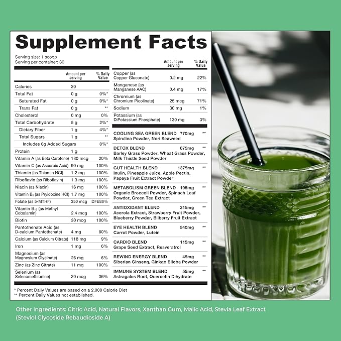 Rewind Best Tasting Super Greens Powder with 40+ Superfoods – Delicious Daily Green Powder with Vitamin B12, Zinc, Vitamin C, Magnesium & Calcium – Green Juice Superfood Mix - Blueberry Acai Flavor