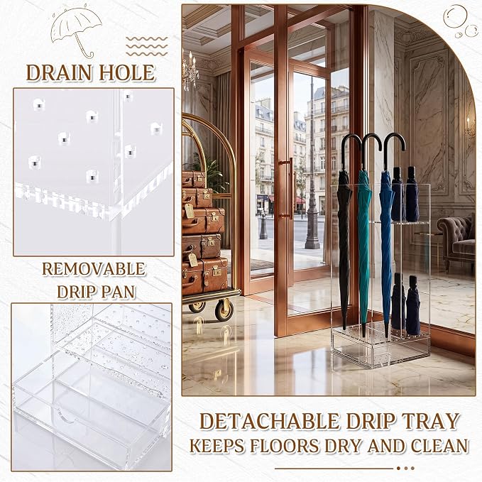 Leinuosen 9 x 9 x 22 Inch Clear Acrylic Umbrella Stand Organizer, Thick Freestanding Entryway Umbrella Holder with Long and Short Compartments, Modern Storage Rack for Home, Office and Lobby
