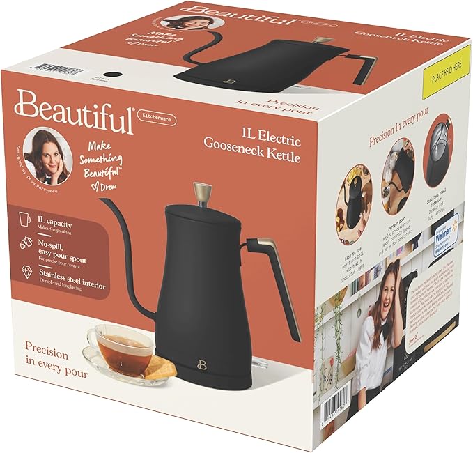 1-Liter Electric Gooseneck Kettle, 1200W Fast Heating Pour Over Coffee and Tea Kettle with Precise Spout (Black Sesame)