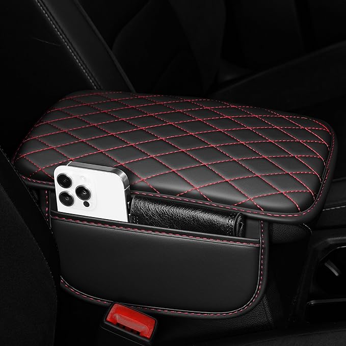 Center Console Cover for Ridgeline: Armrest Cover for Car with 2 Storage Bags - Scratch & Wear Resistant & Waterproof Leather Console Cover,Anti-Scratch Auto Armrest Pad Accessory （Black&Red