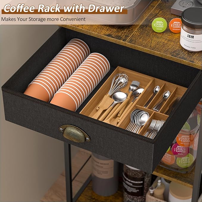 5 Tier Coffee Bar Station with Drawer, Kitchen Stand with 4 S-Shaped Hooks, Farmhouse Corner Coffee Bar Cabinet for Small Spaces, Bakers Rack for Kitchen, Living Room, 13.43" D x 18.93" W x 53.31" H